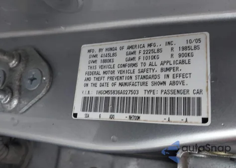 2006 Honda Accord 2.4 Ex из США, поврежденный, VIN 1HGCM55836A027503